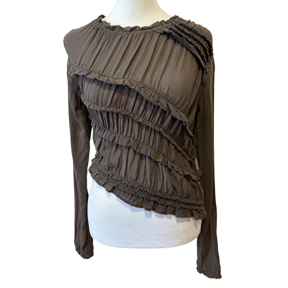 Free People Top "Pink Sands" Sz XS Ruched Brown Ruffle Asymmetric Festival Boho